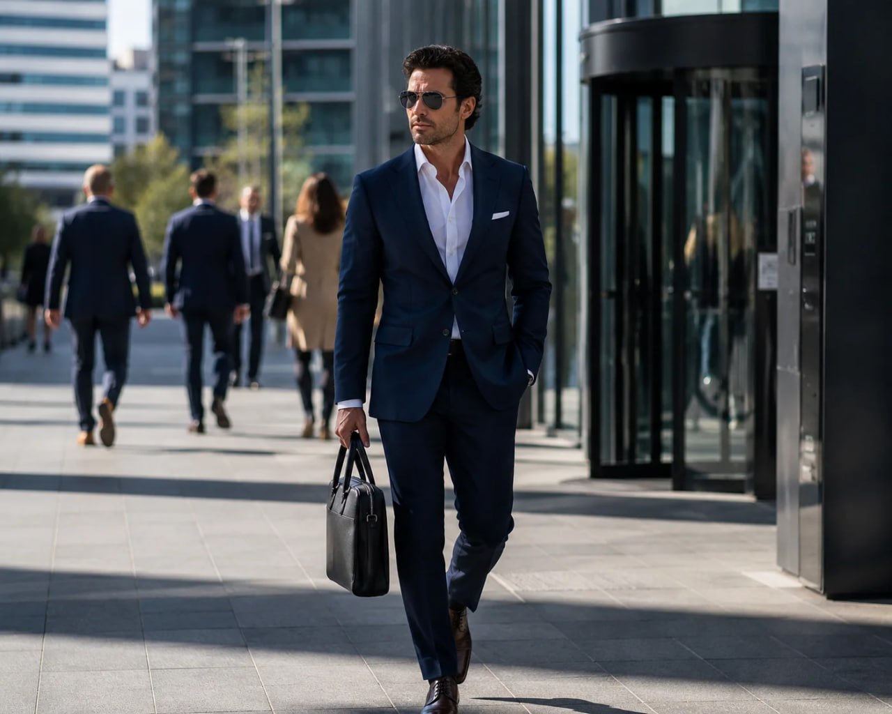 Man with Next Aviator Sunglasses Silver Frame Dark Grey Lens in a suit walking with a briefcase on a city street