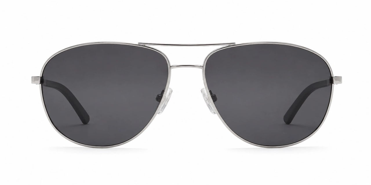 Aviator sunglasses with dark lenses on a white background