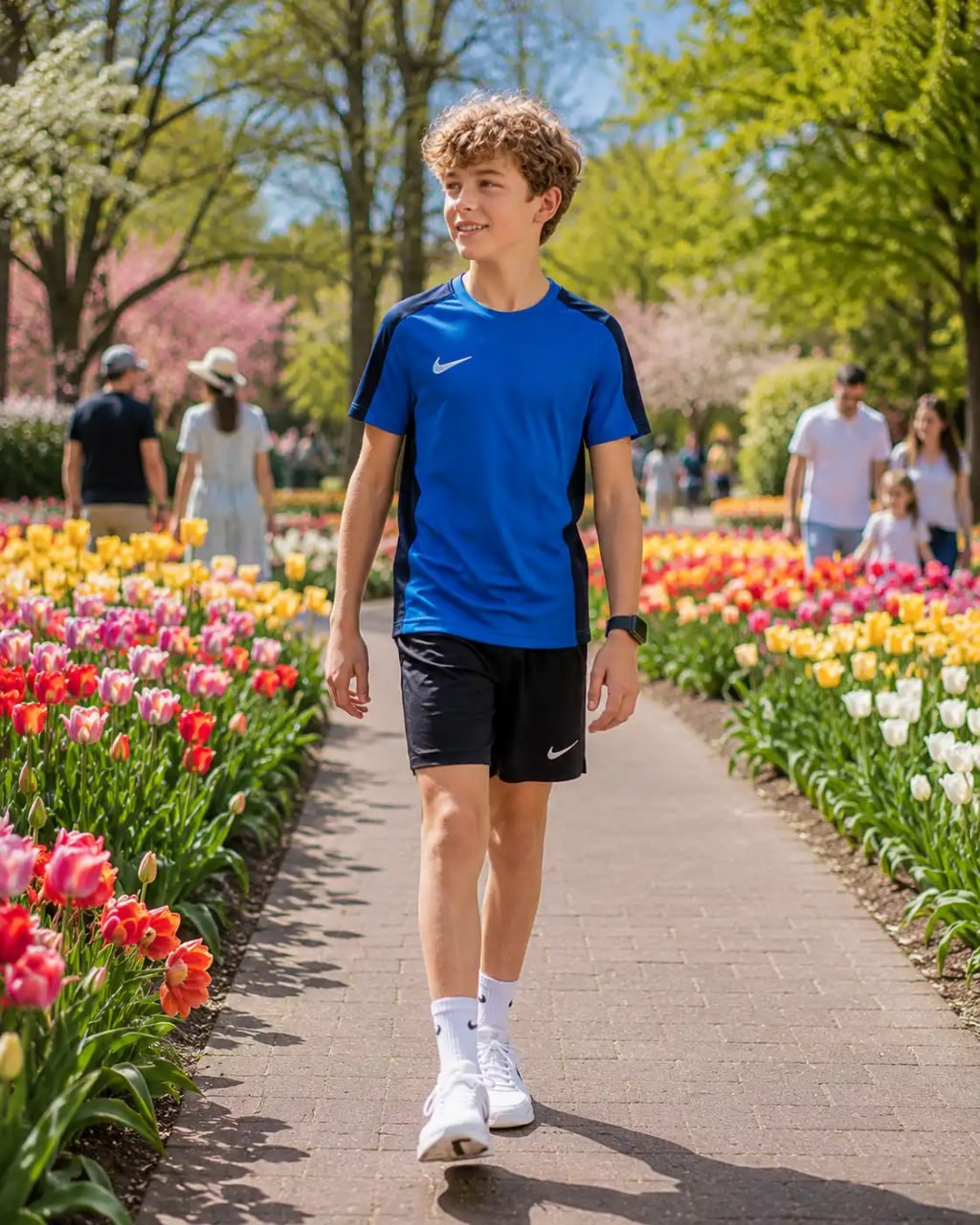 Young boy in athletic wear walking on a path with tulips in a park