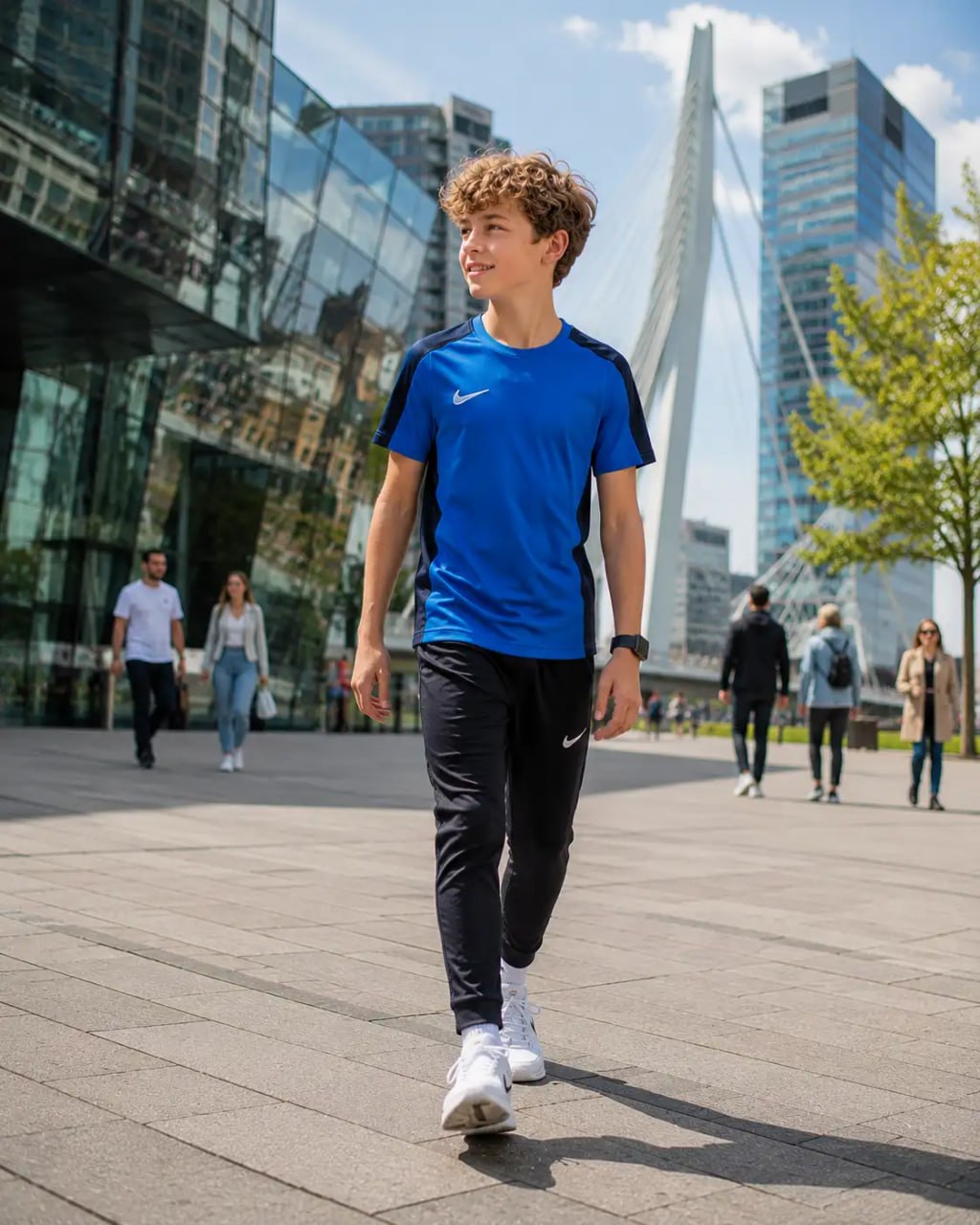Person wearing a blue Nike shirt and black pants walking on a city street with modern architecture in the background.