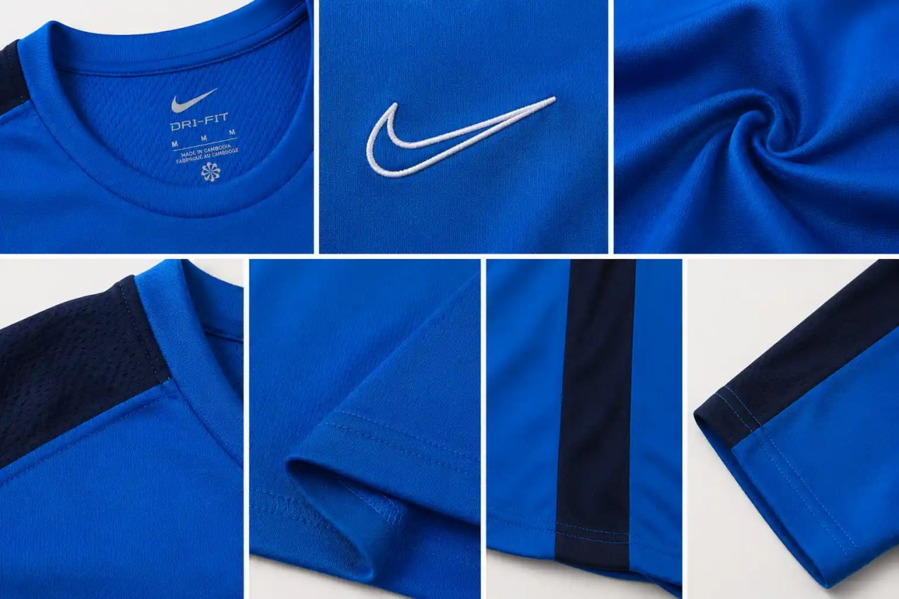 Collage of a blue sports jersey with Nike logo and branding