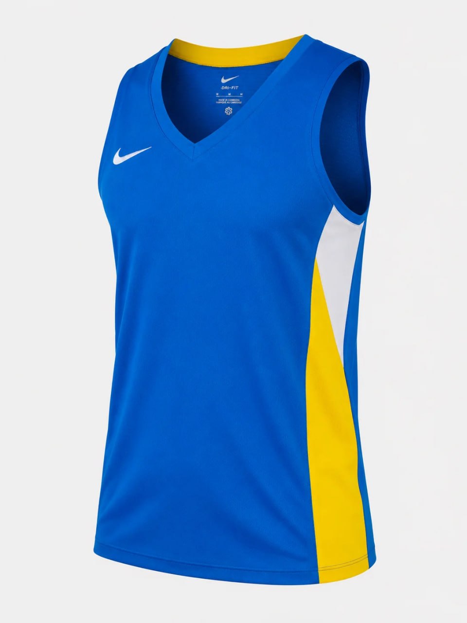 Blue sleeveless sports jersey with yellow and white accents on a light gray background