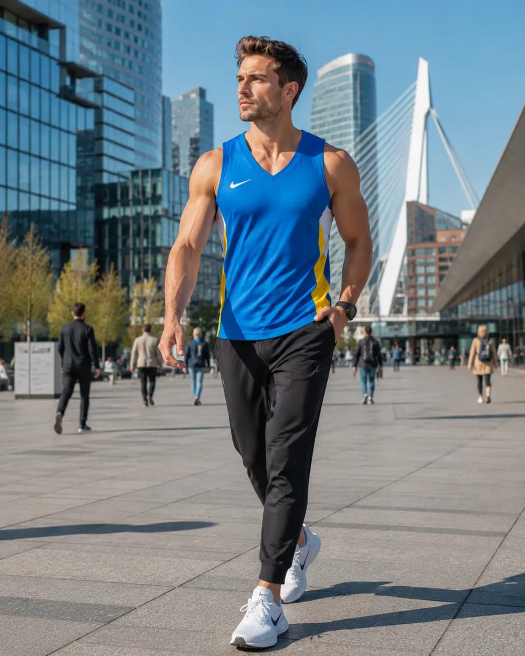 Man in athletic wear walking in a city square with modern buildings in the background