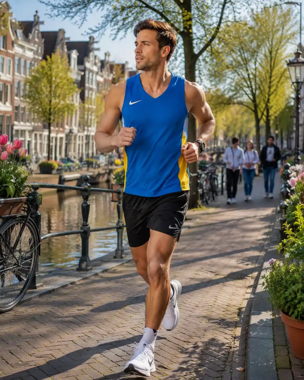 Man running along a canal with historic buildings and people in the background