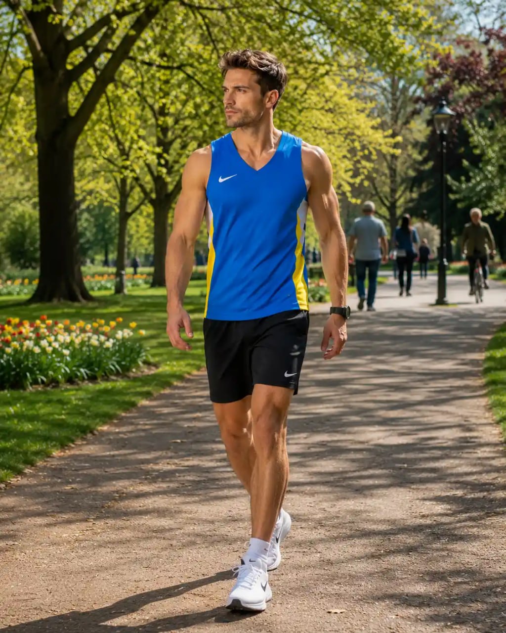 Man in athletic wear walking on a path in a park