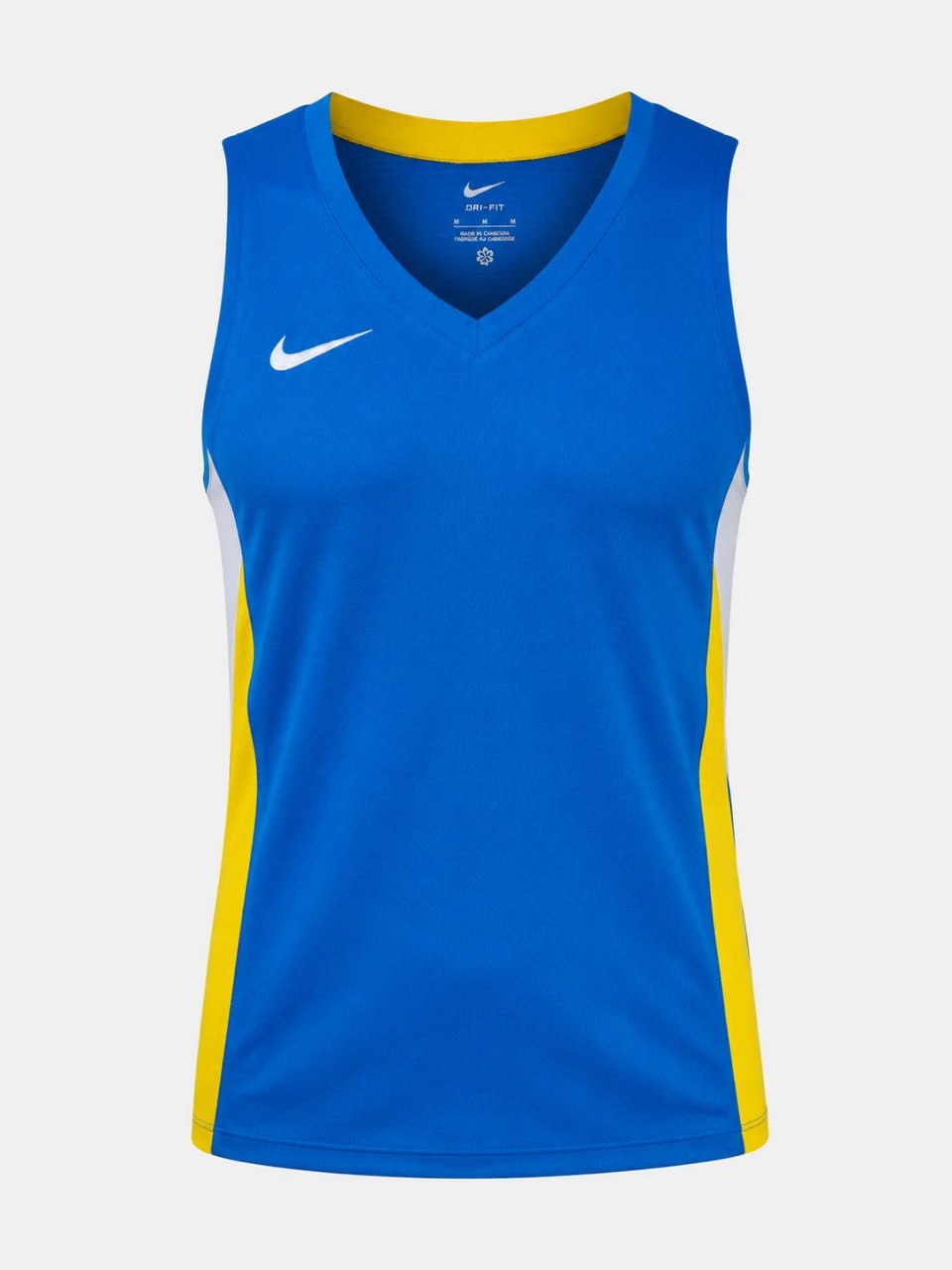 Blue sleeveless sports jersey with yellow accents on a white background