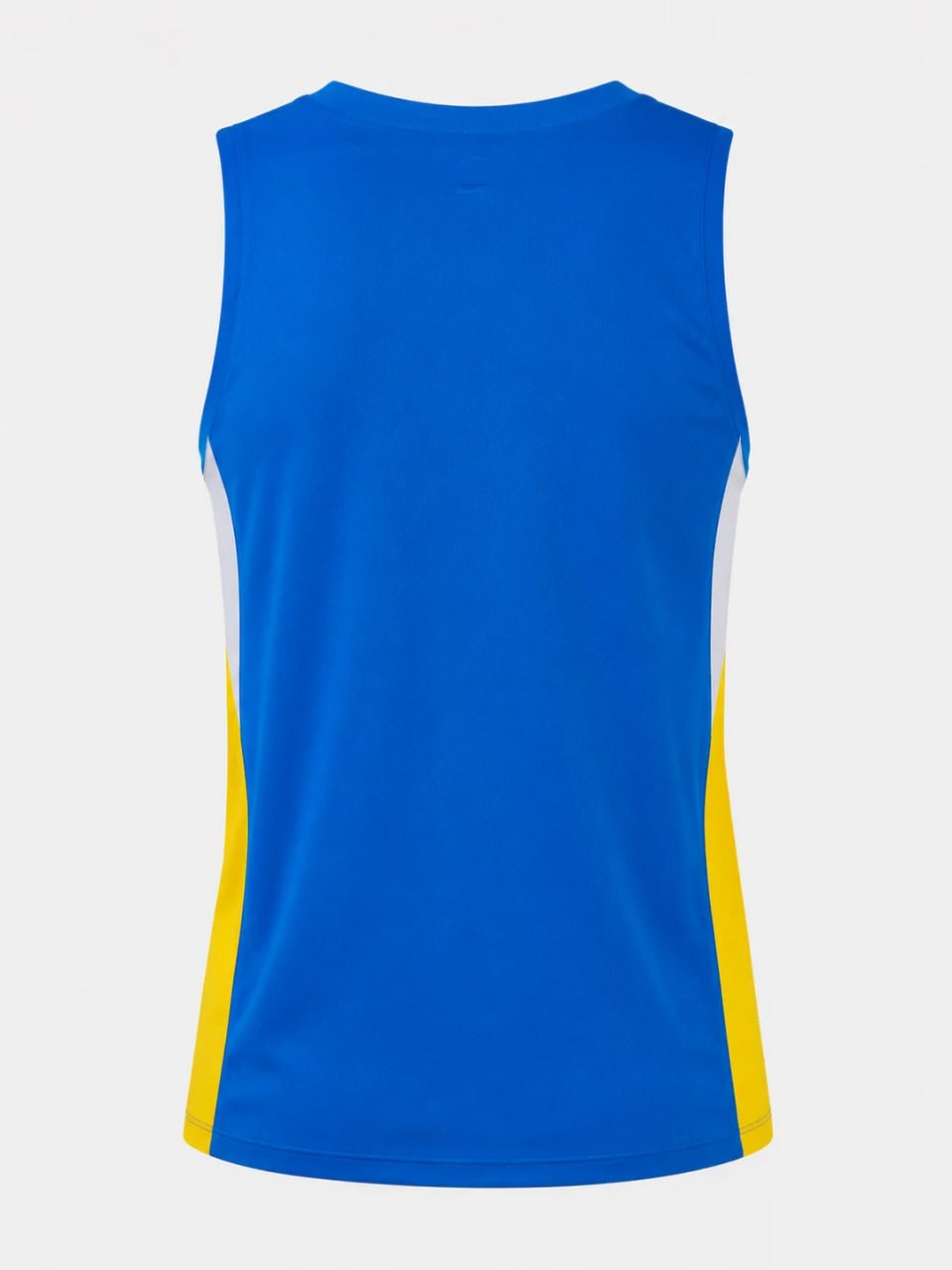 Blue sleeveless shirt with yellow accents on a white background