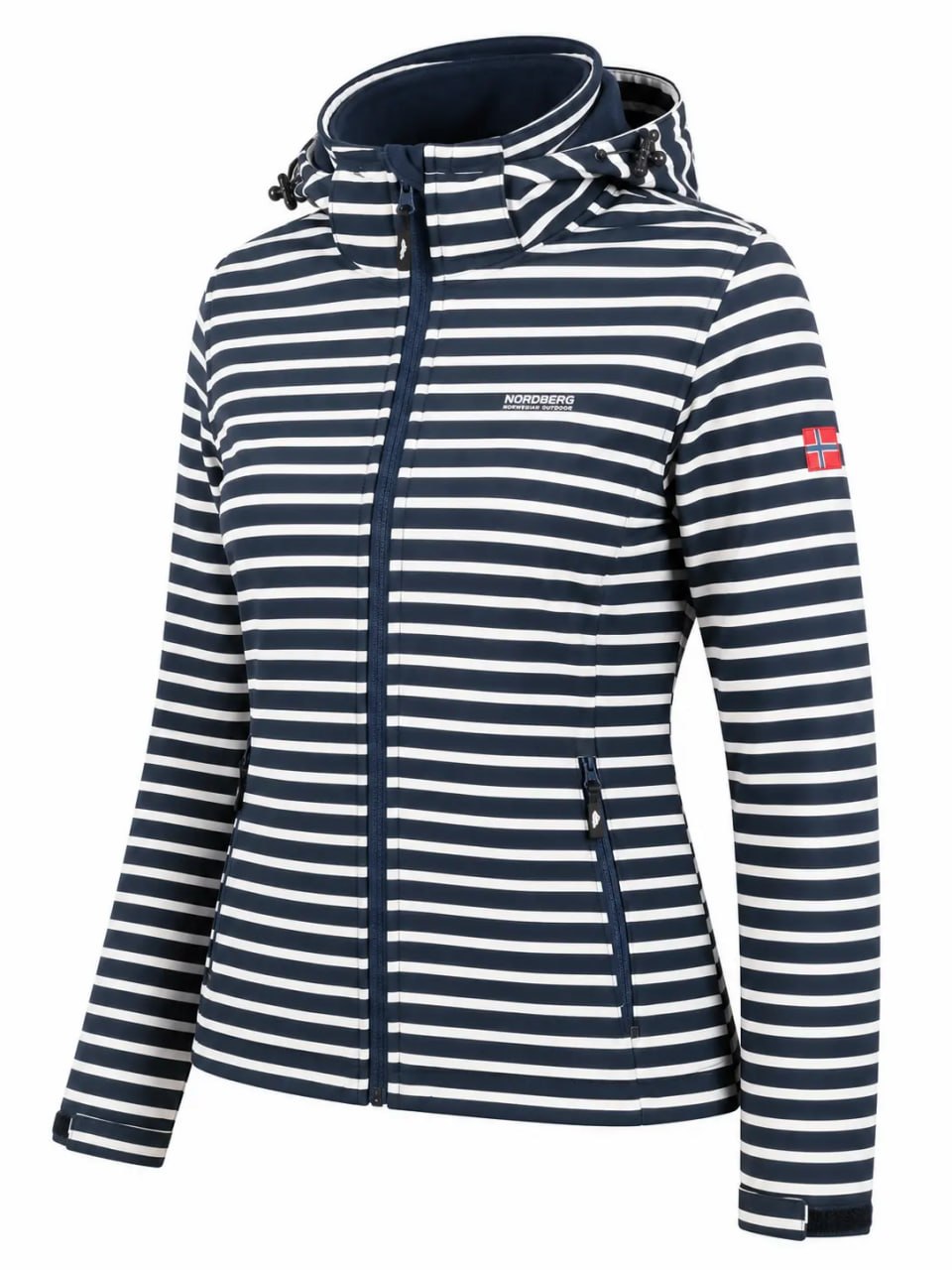 Navy and white striped jacket with brand logo on a light gray background