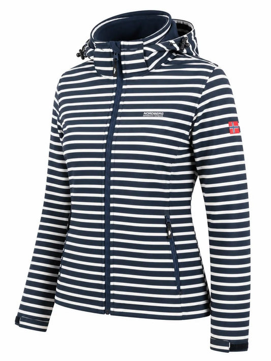 Navy and white striped jacket with brand logo on a light gray background