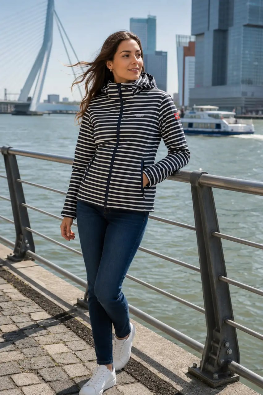 Woman in a striped jacket standing by a waterfront with a bridge and buildings in the background
