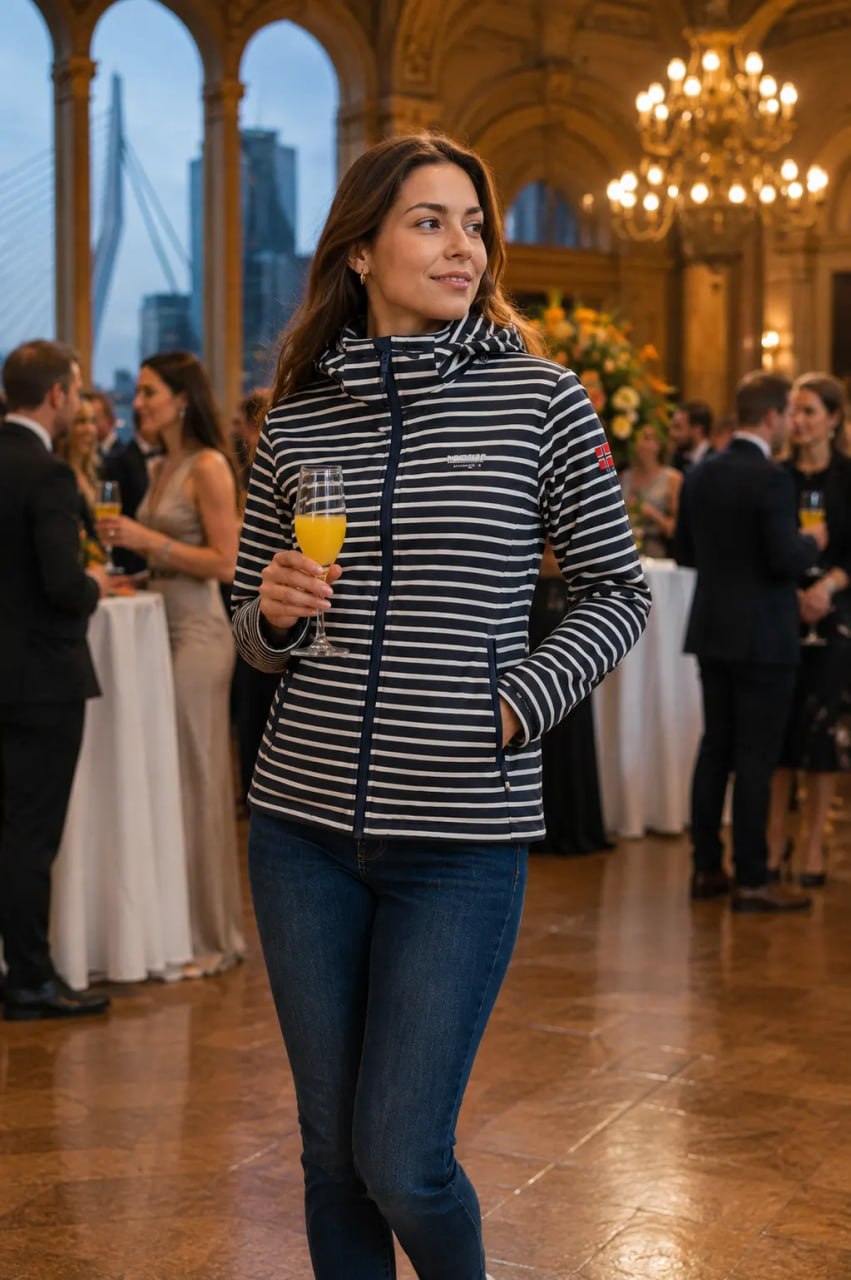 Woman in a striped jacket holding a glass of orange juice in an elegant indoor setting with people and cityscape.
