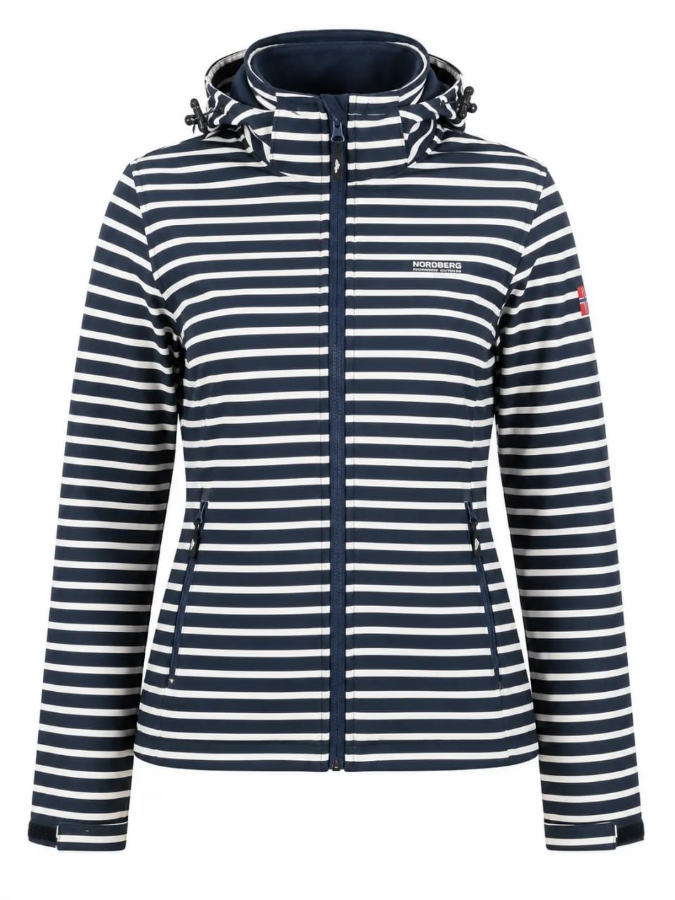 Navy and white striped jacket with a brand logo on a white background