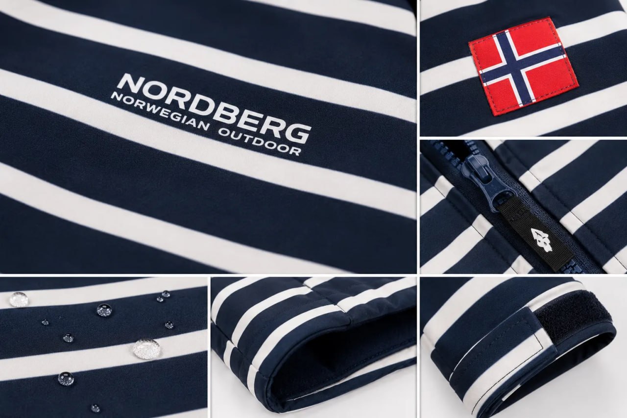 Nordberg outdoor clothing with water droplet test and flag patch
