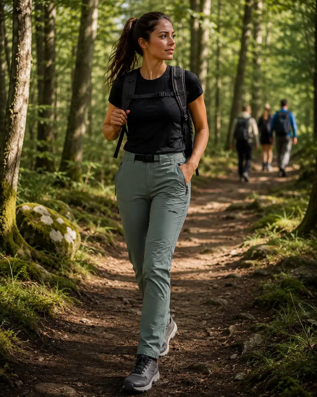 Woman hiking in a forest with a backpack and ONeill Hybrid Soft shell Outdoor Pants