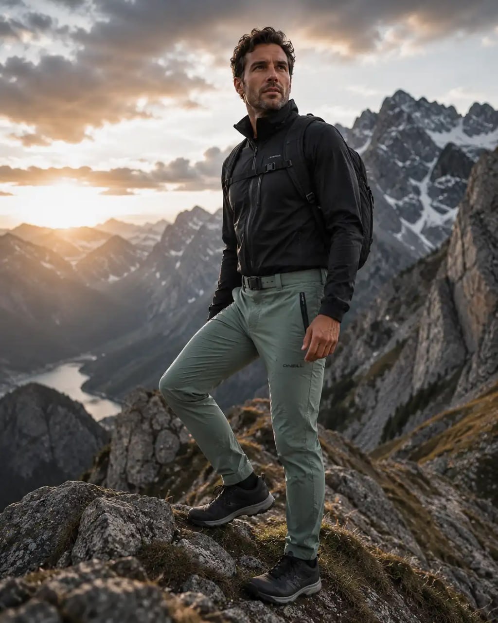 Man in a black jacket and green ONeill Hybrid Soft shell Outdoor Pants standing on a mountain peak with a backpack, surrounded by rugged terrain and a sunset.