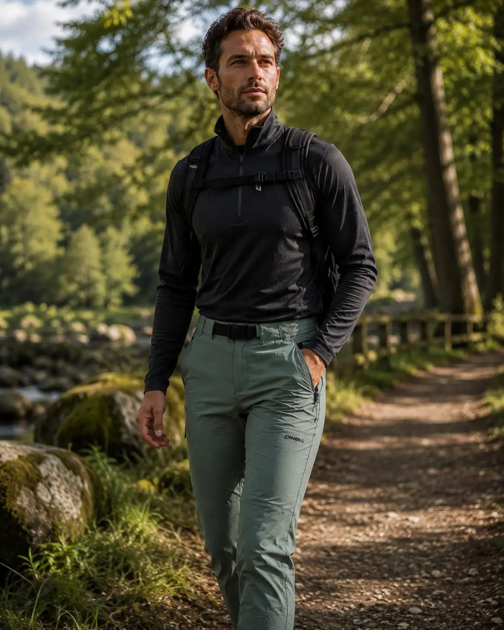Man walking on a forest path wearing a black jacket and green ONeill Hybrid Soft shell Outdoor Pants.