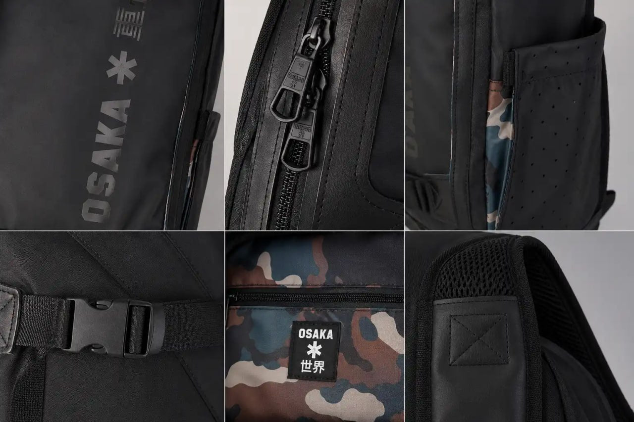Collage of a black Osaka backpack with various details on a gray background