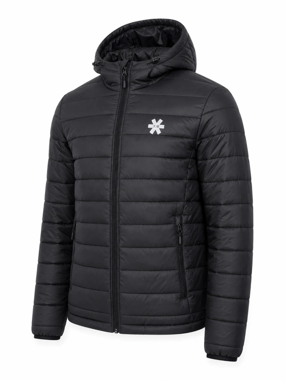Black puffer jacket with a white logo on a white background