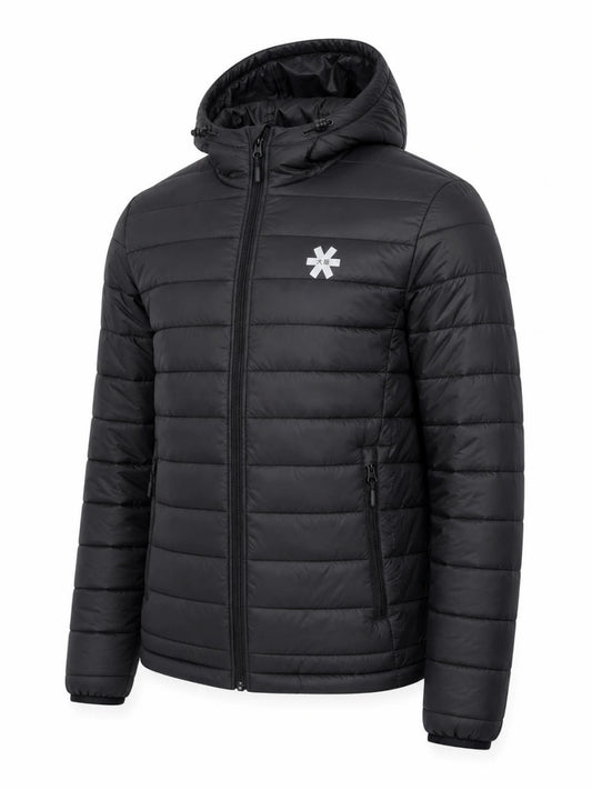 Black puffer jacket with a white logo on a white background