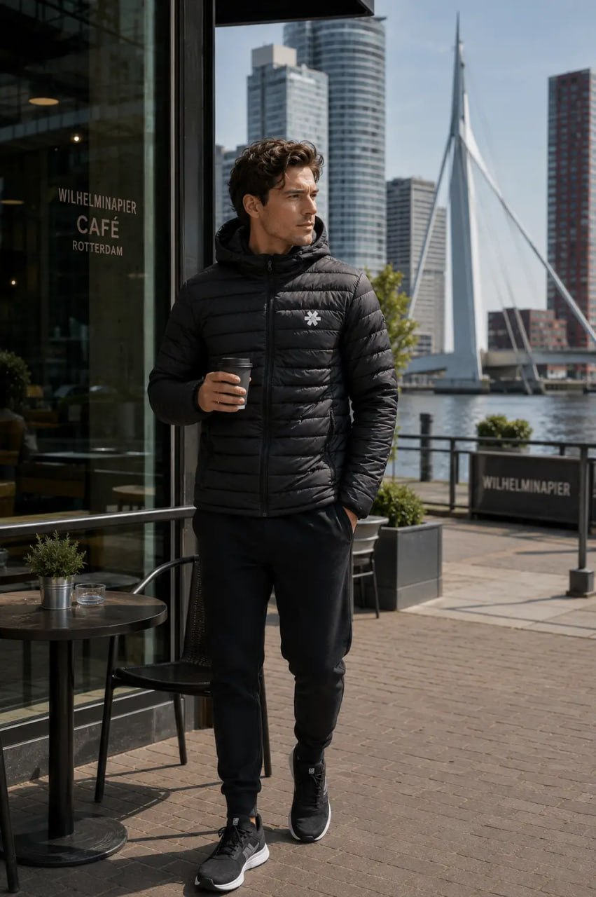 Man in a black puffer jacket holding a coffee cup, standing in an urban setting with modern buildings and a canal.