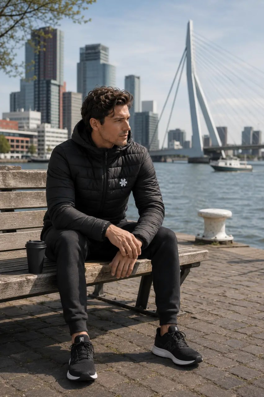 Man sitting on a bench by a waterfront with a city skyline in the background