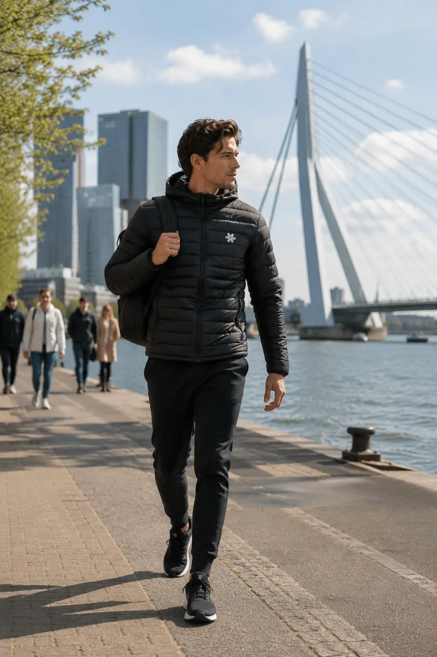 Man walking along a waterfront promenade with a bridge and city skyline in the background