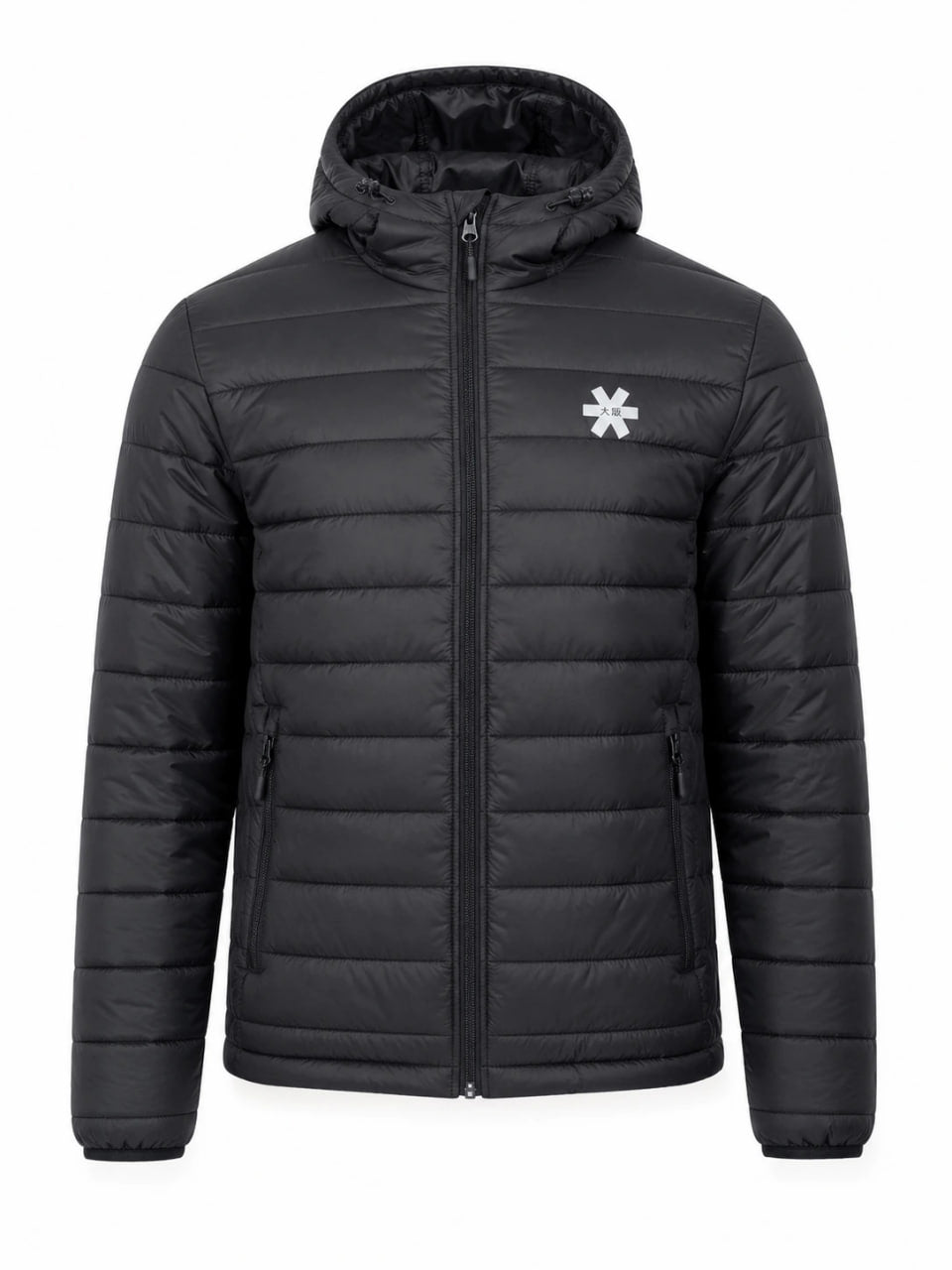 Black puffer jacket with a brand logo on a white background
