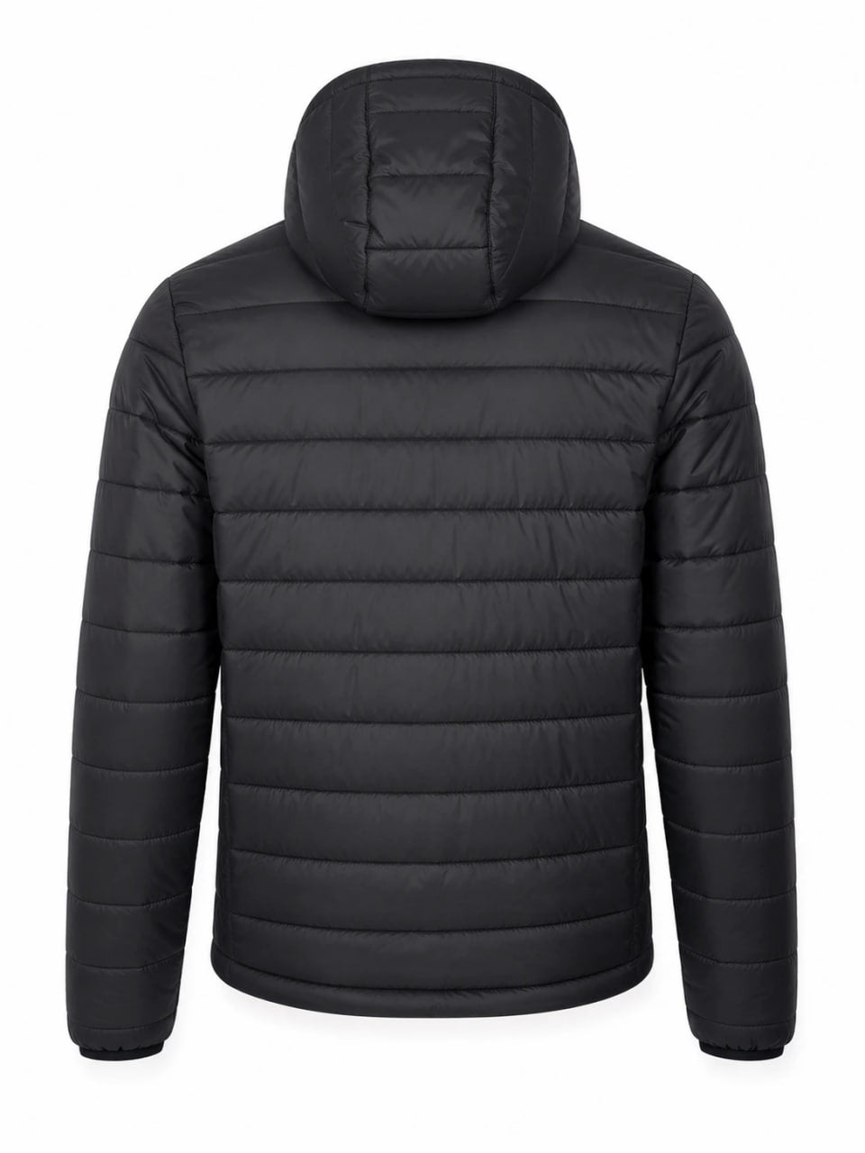 Black puffer jacket with a hood on a white background