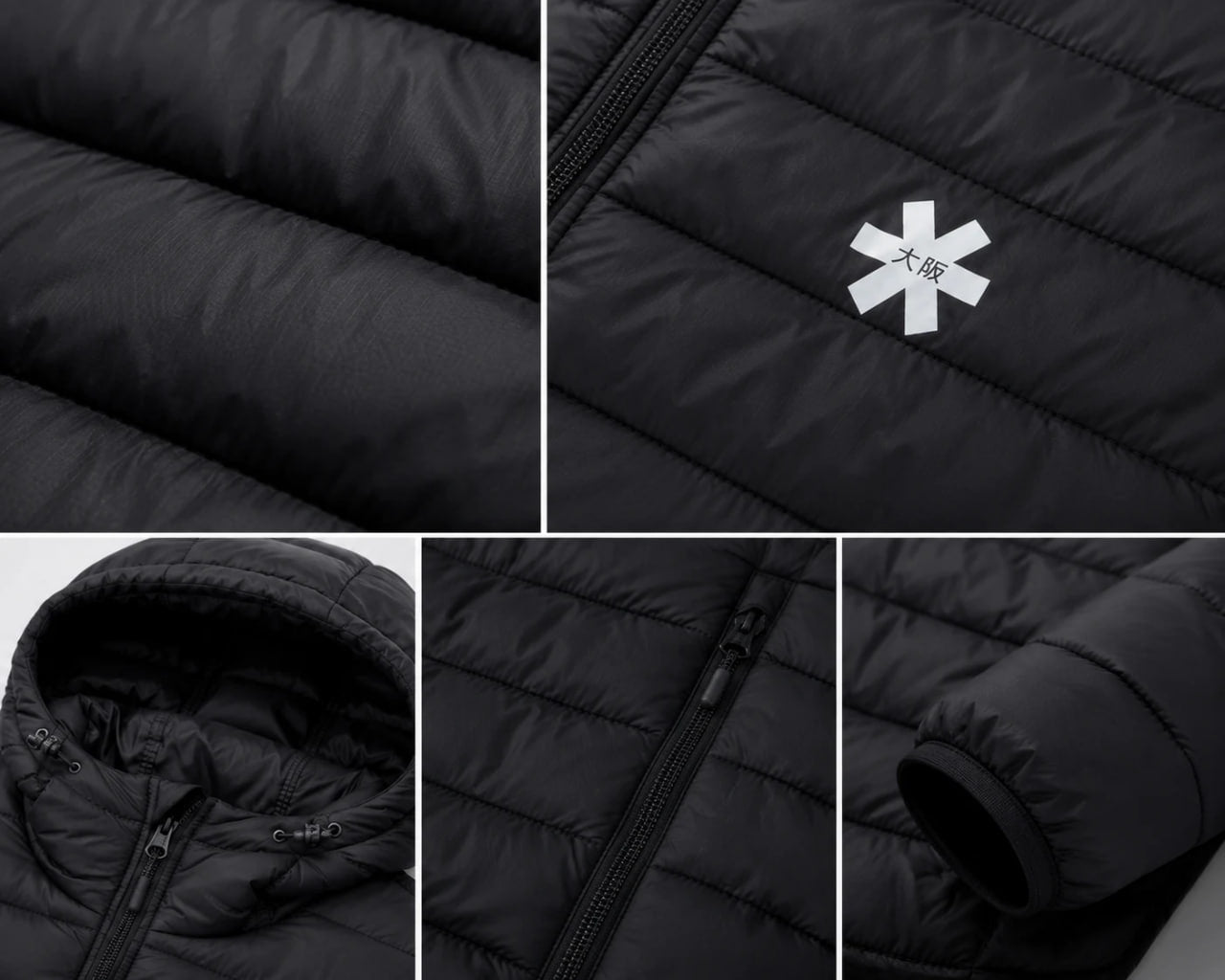 Collage of a black puffer jacket with close-up details and a brand logo.