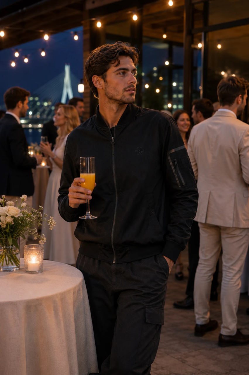 Man holding a glass of orange juice at an outdoor evening event with string lights and people in the background.