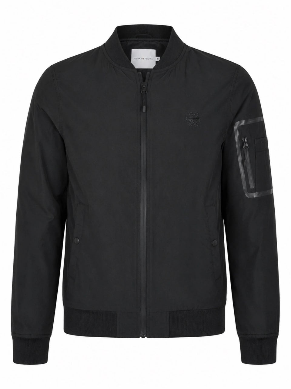 Black bomber jacket with a brand label on a white background