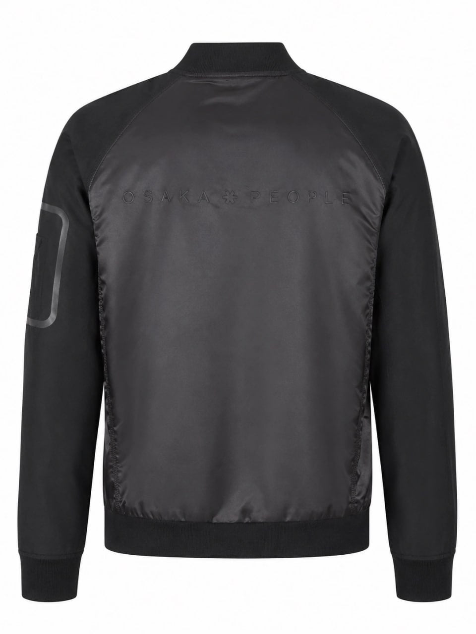 Black bomber jacket with branding on the back against a white background
