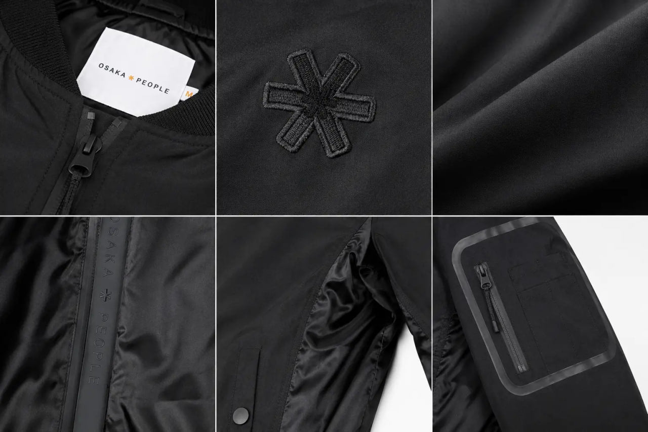 Collage of a black jacket with various details including a brand label and zipper.