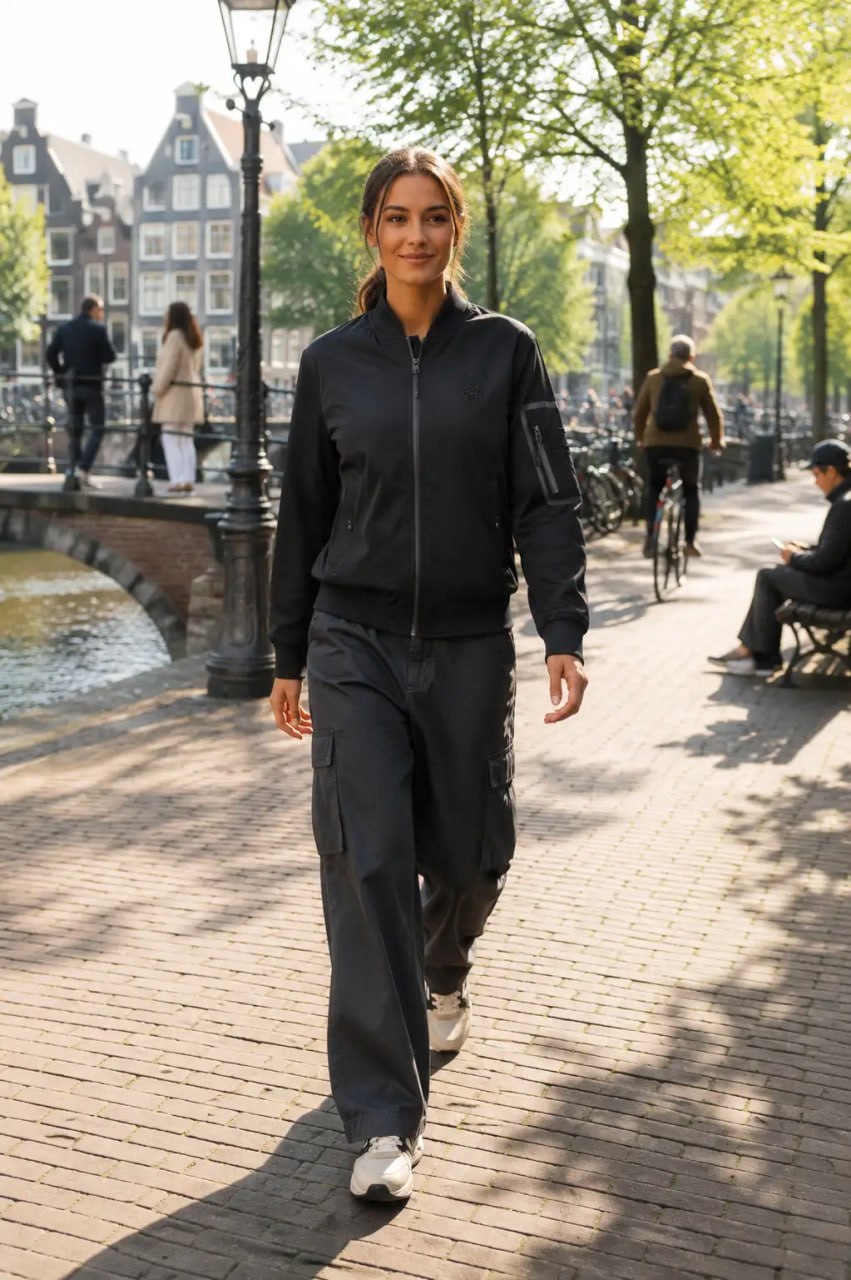 Person in black jacket and pants walking on a street with greenery and buildings in the background