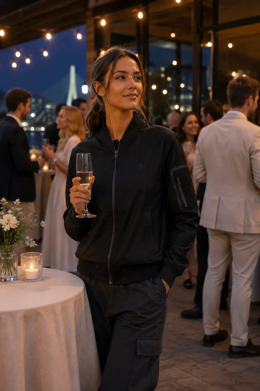 Woman holding a glass of wine at an outdoor evening event with people and lights in the background.