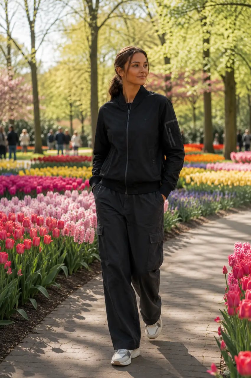 Woman in black outfit walking through a tulip garden