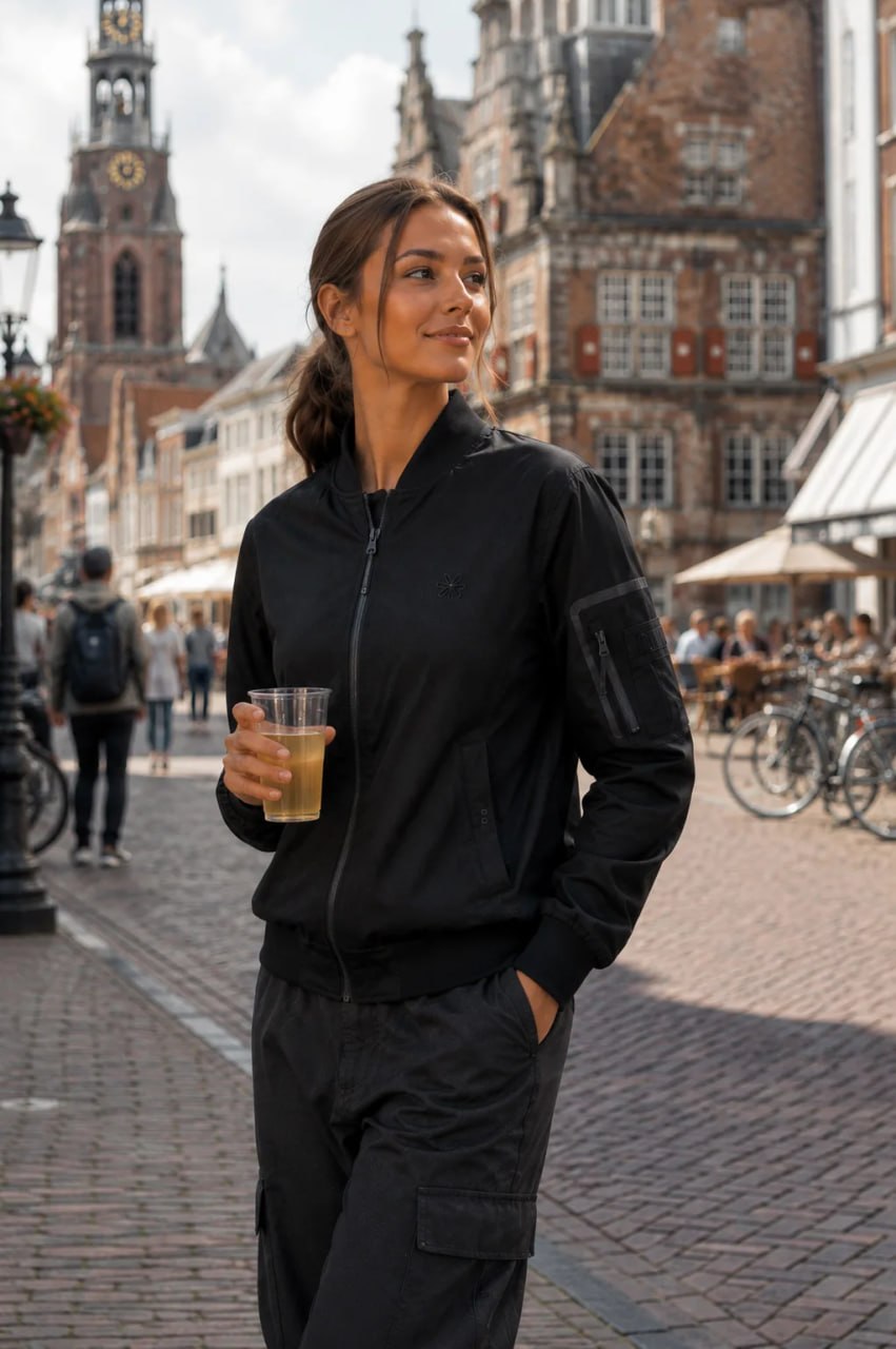 Woman in black outfit holding a drink in an urban setting with historical buildings.