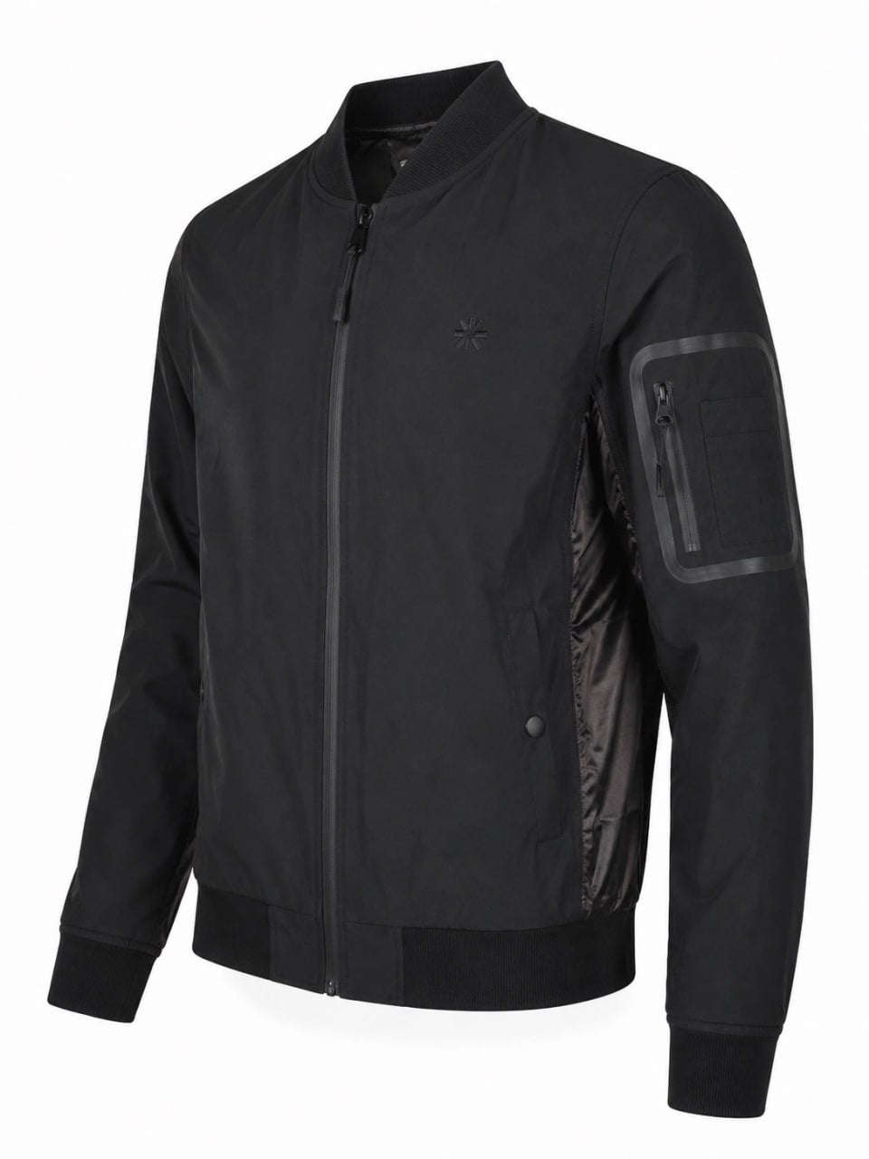 Black bomber jacket with a brand logo on a white background