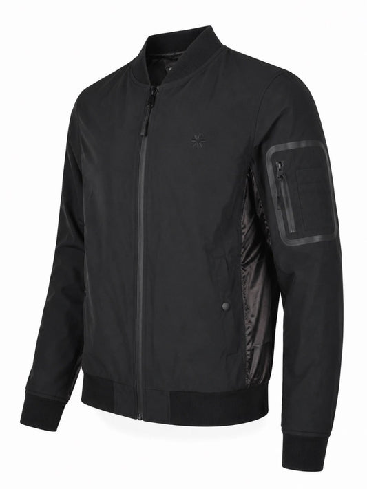 Black bomber jacket with a brand logo on a white background