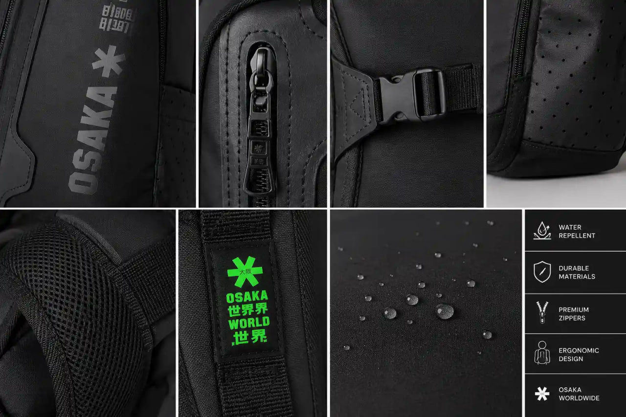 Collage of a black Osaka backpack with various features highlighted.