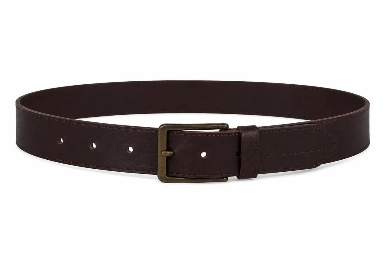Brown belt with a brass buckle on a white background