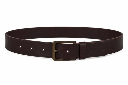 Brown belt with a brass buckle on a white background