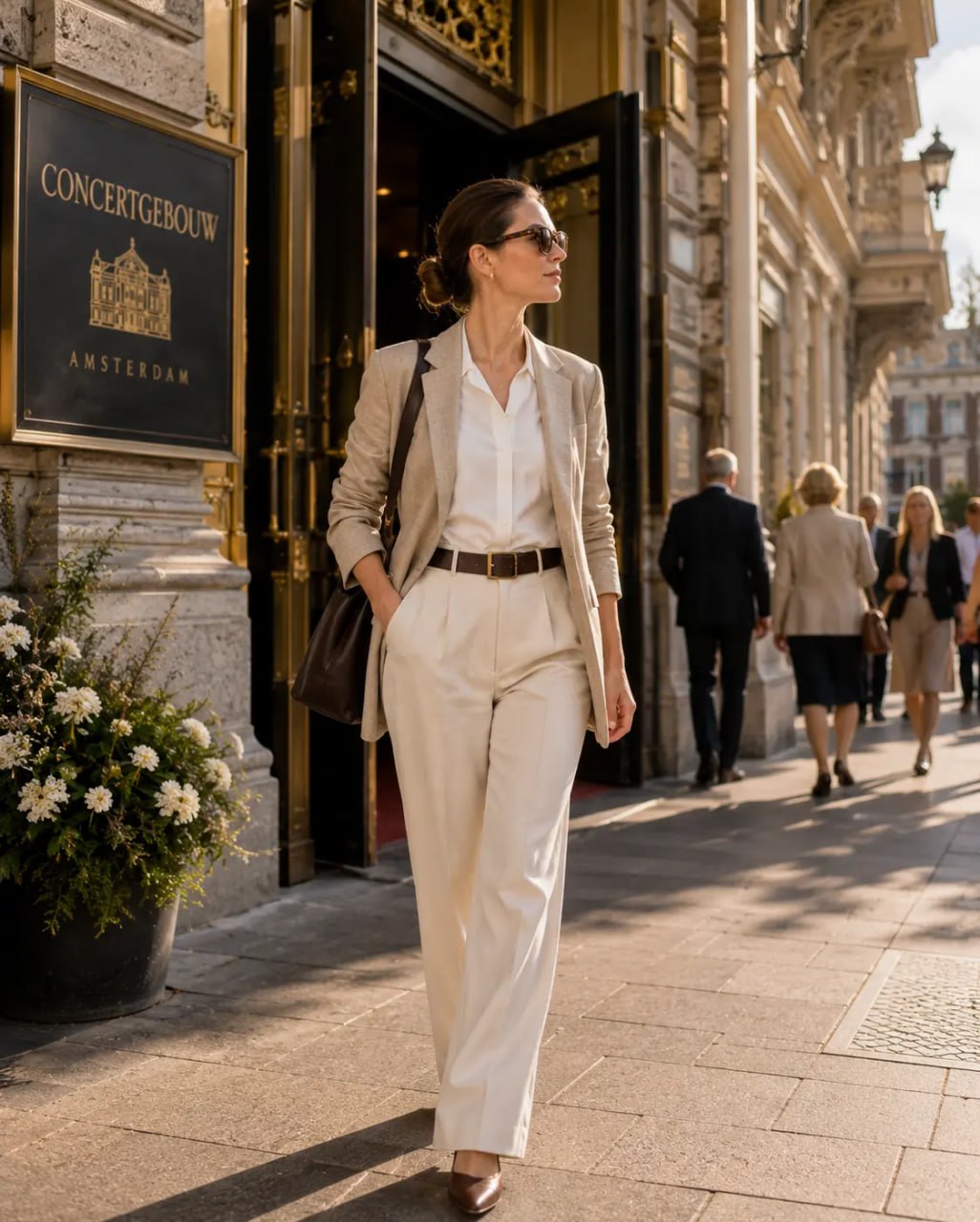 Woman in a beige suit walking on a city street with 'Concertgebouw Amsterdam' in the background