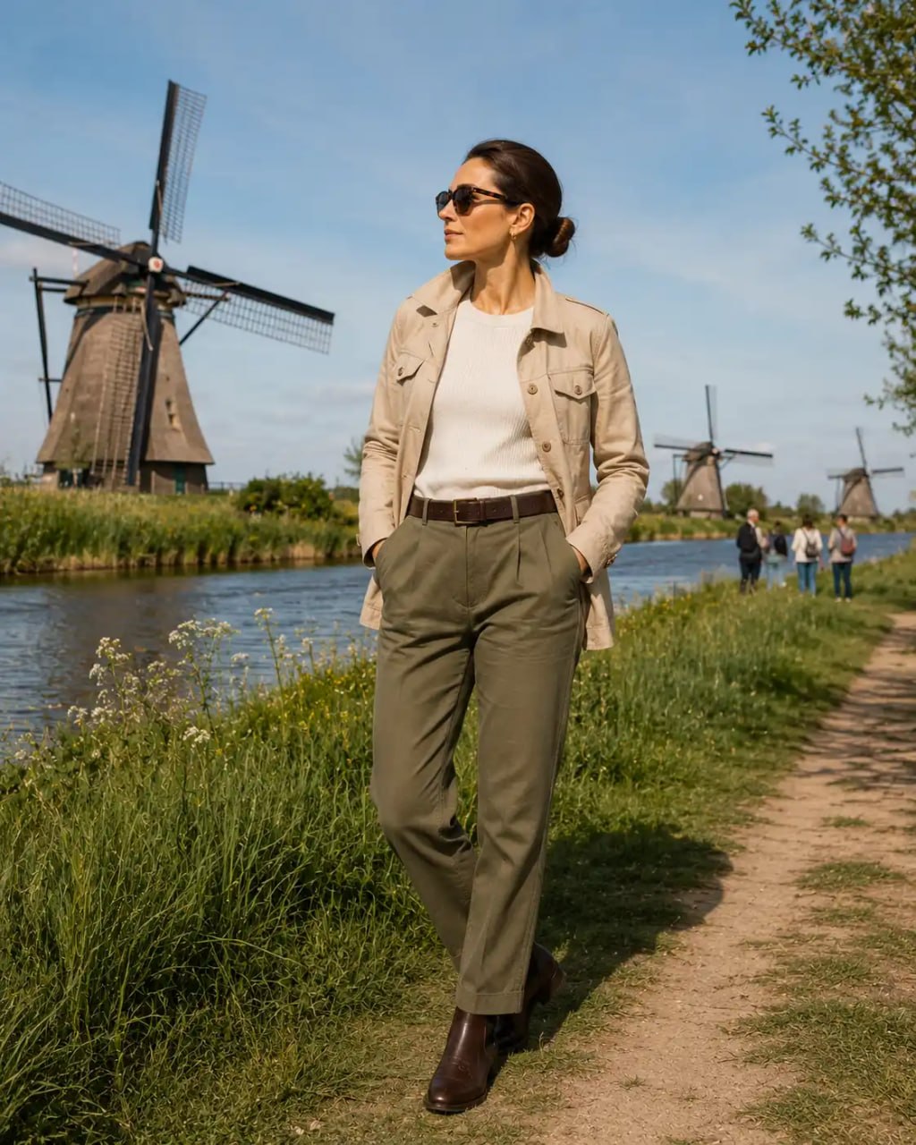 Woman standing on a path near windmills with a scenic background