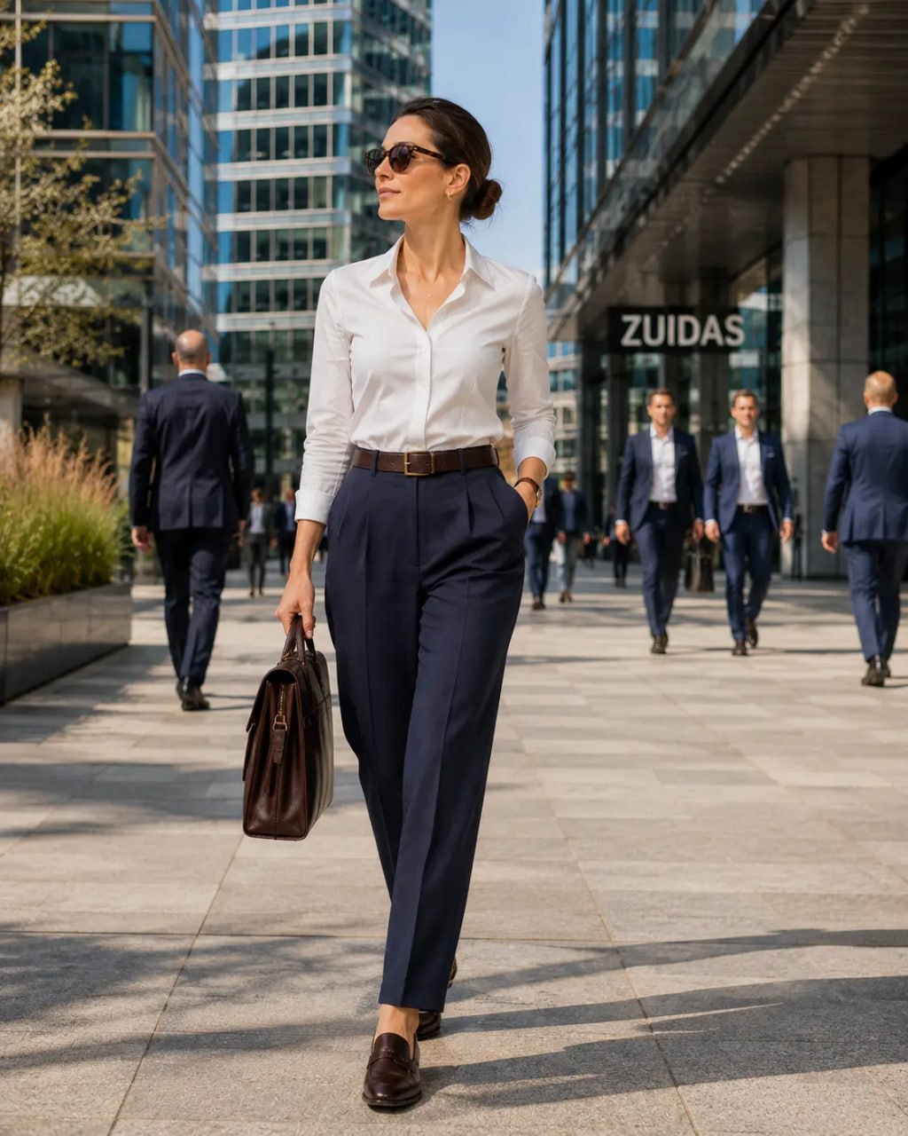 Woman in business attire walking in an urban setting with 'Zuidas' building in the background
