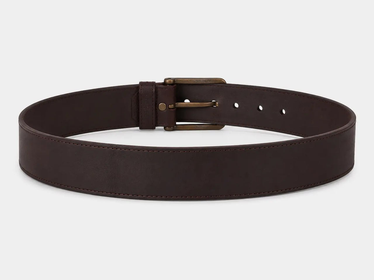 Brown belt with a gold buckle on a light gray background