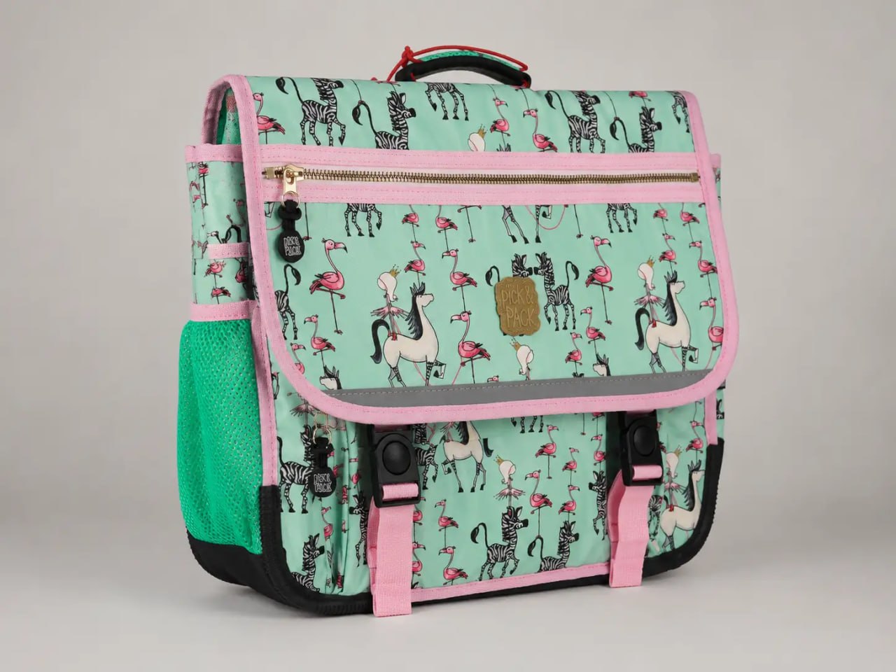 Backpack with zebra and flamingo pattern on a gray background