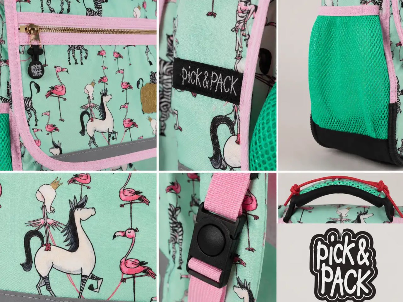 Collage of a green bag with flamingo and zebra pattern, featuring 'Pick & Pack' branding.
