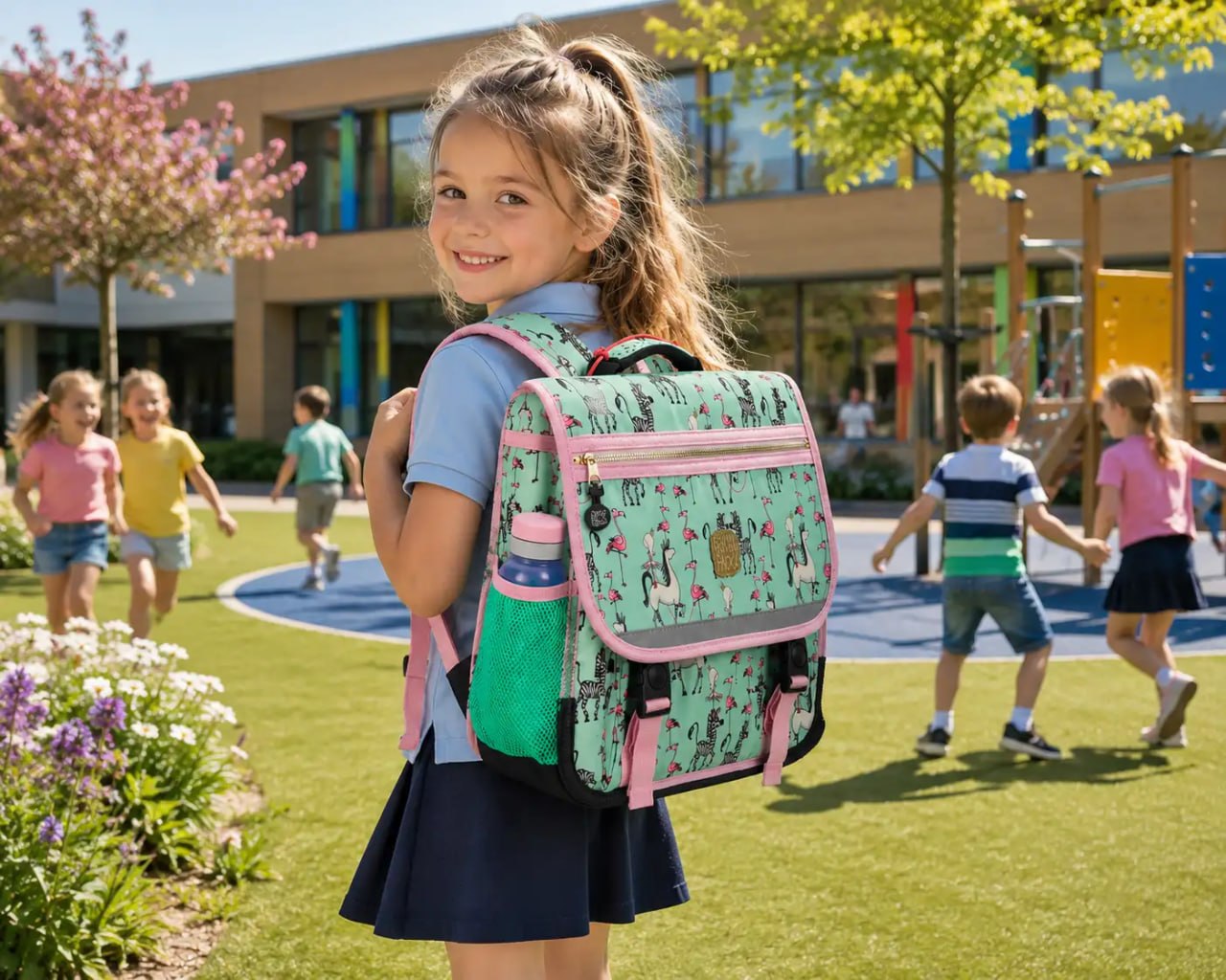 Young girl with a green and pink backpack in an outdoor school setting