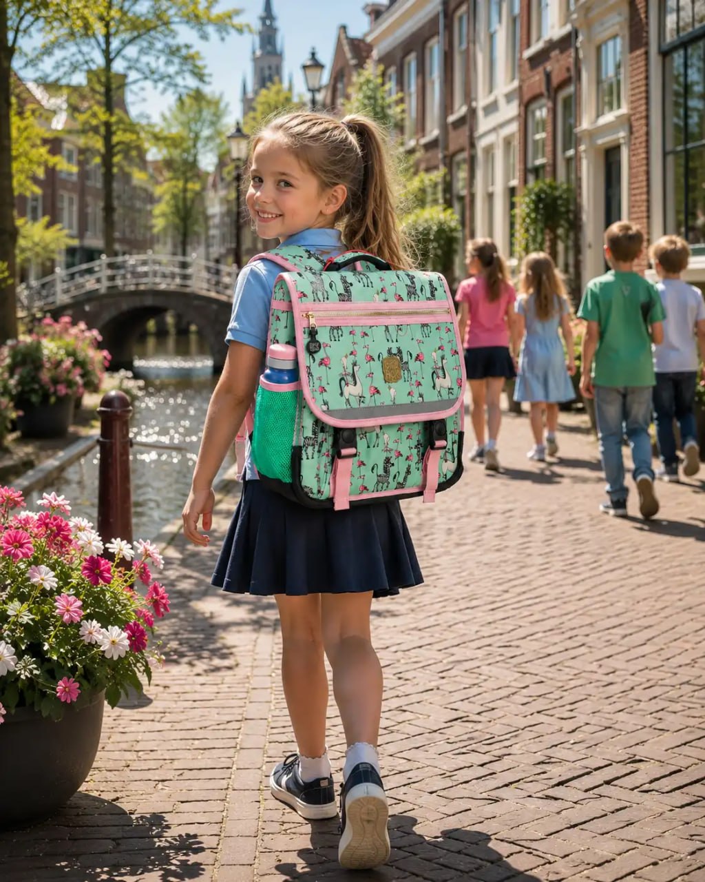 Girl with a colorful backpack walking on a brick street in a European town.